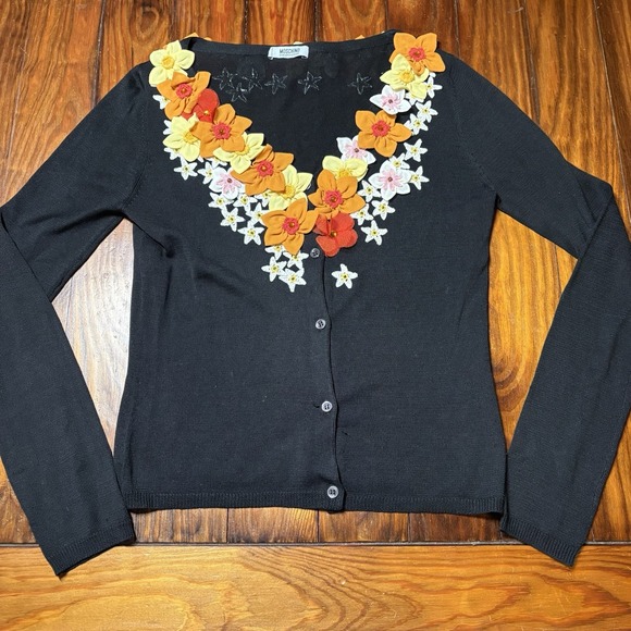 Moschino Sweaters - Vtg Moschino Cheap & Chic Black Floral Appliqué Pink Orange Cardigan Silk Sz 8
